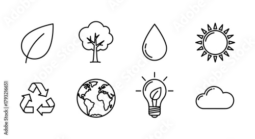 Eco-friendly icon set: line art symbols of nature and sustainability