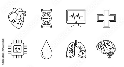Health and technology icons: heart, dna, computer, medical cross, chip, blood, lungs, brain