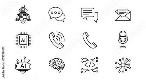 Modern ai and communication icons collection in linear style for technology and networking