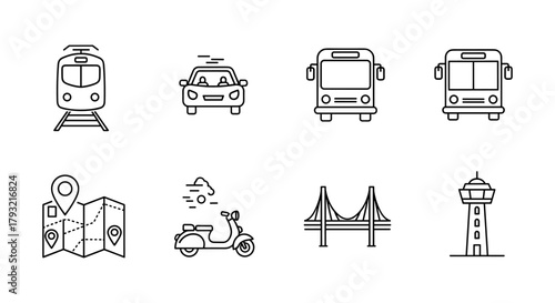 Minimalist linear icons of transportation and city infrastructure