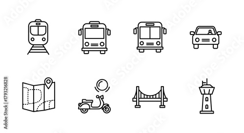 Minimalist linear icons of urban transportation and navigation