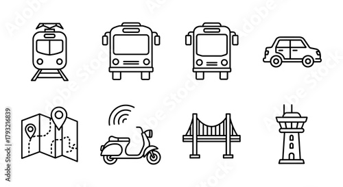 Urban transport icons: linear style vehicles and landmarks collection