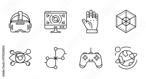 Futuristic line icons: virtual reality, gaming, and technology