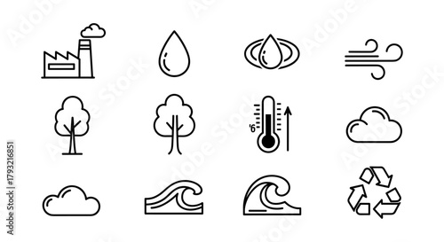 Minimalist environmental icons featuring weather, nature, and industrial elements