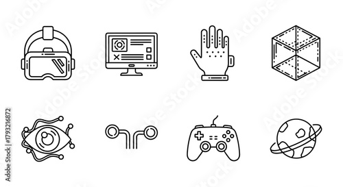 Virtual reality and technology icons in linear style