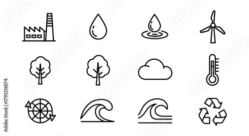 Environmental icons collection: industry, nature, and renewable energy symbols in linear style