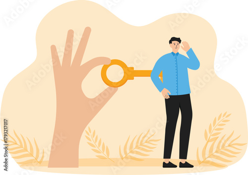 tired employee recharge and force or wind to stimulate or motivate tired people, big hand of manager turning wind key or winding clock to motivate work.
