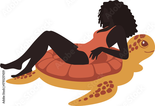 Woman relaxing on sea turtle float in summer swimwear vector illustration design 
