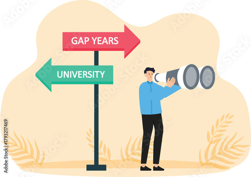 Learning life and looking for motivation to achieve goals, Gap year and high school graduates carry backpacks and meet road signs of life's choices to decide which path to take.
