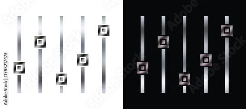 Metallic control sliders interface in black and white contrast design, modern sound equalizer adjustment bars, glossy audio mixer panel concept for technology and digital music background.
