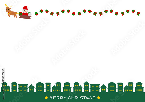 ソリに乗るサンタと並んだ家のクリスマスフレーム