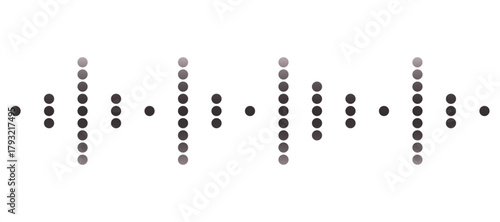 Minimal dotted sound wave pattern design on white background, abstract audio waveform made of circular dots, modern digital equalizer frequency visualization for music and technology concepts.
