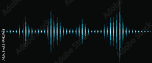 Blue digital sound wave on black background, abstract audio waveform visualization for music, technology, and signal frequency concept, modern equalizer design for media and recording interface.