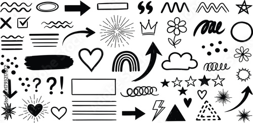 Hand-drawn doodle graphic elements in black. Features arrows, hearts, stars, and abstract shapes, ideal for adding artistic flair and visual emphasis to creative designs