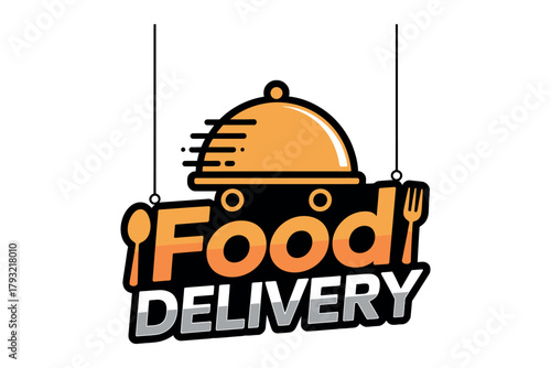 Illustration of food delivery sign with a cloche hanging from above
