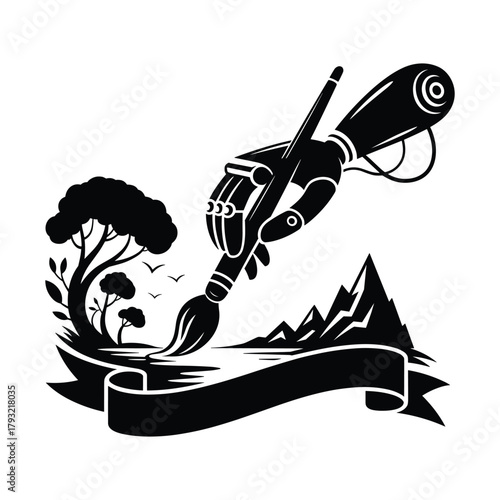 Robotic hand holding a paintbrush creating a landscape with trees and mountains artificial intelligence