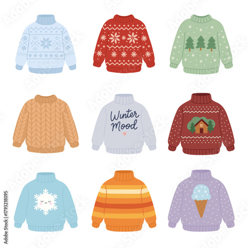 Collection ugly sweaters vector illustrations isolated. Cute wool sweaters with norwegian ornaments and traditional holidays print for comfort and Christmas party. Set of knitted winter pullovers
