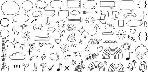 Hand-Drawn Doodle Elements Arrows, Stars, Hearts, Clouds, and Decorative Accents for Creative Design