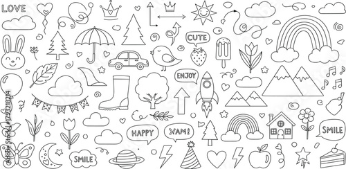 Whimsical Hand-Drawn Doodle Elements for Creative Projects A Collection of Cute Icons