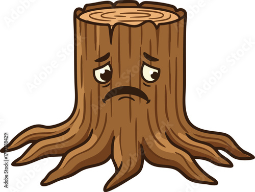 Sad tree stump cartoon character with visible roots and brown wood texture vector illustration 
