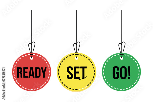 Three hanging circular tags with ready set go text on white background