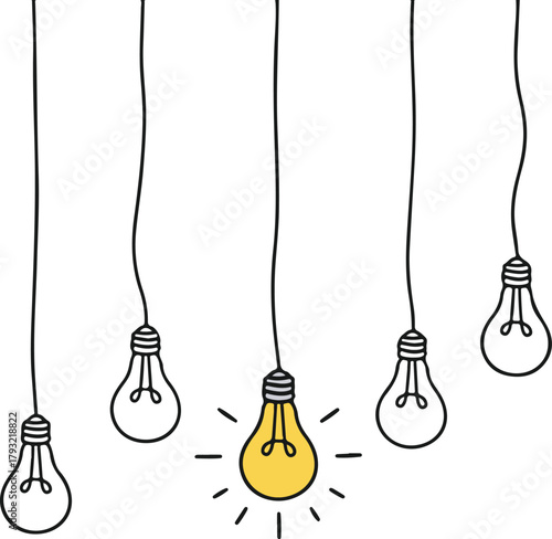 Hanging light bulbs with one glowing, minimalist line art vector illustration