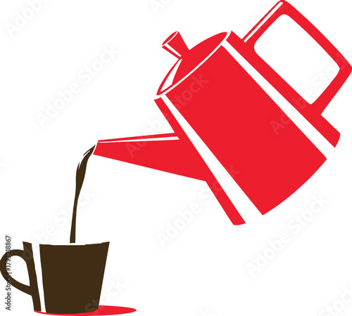 A red coffee pot pours coffee into a dark cup on a white background.