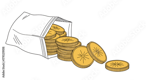Stack of gold foil chocolate coins spilling from pouch, graphic line art, bright colors, festive concept