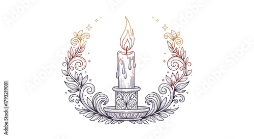 Burning candle in holder monoline illustration with gradient fill, warm mood, surrounded by outline ornaments, cozy and festive concept, with copy space