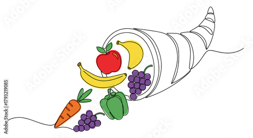 Cornucopia spilling fruits and vegetables, one-line drawing with solid color fills, minimalist vector illustration