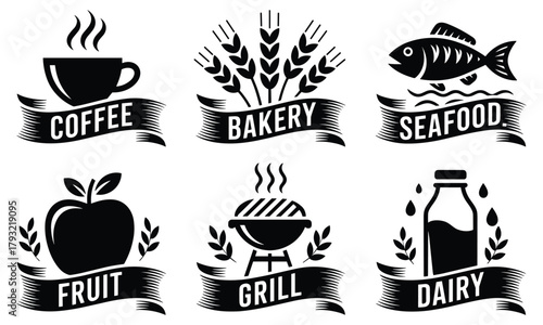 Six Black Icons Representing Coffee Bakery Seafood Fruit Grill and Dairy with Ribbons Keywords: coffee, bakery, seafood, fruit, grill, dairy, icons, symbols, food, drink, restaurant, cafe, shop