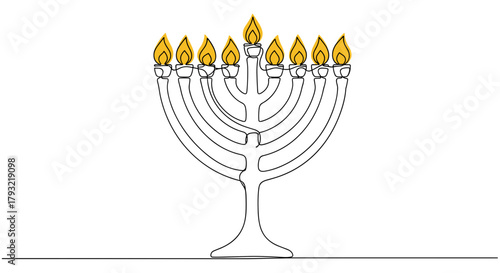 Menorah with nine branches, one-line drawing with warm yellow flames, minimalist Hanukkah illustration