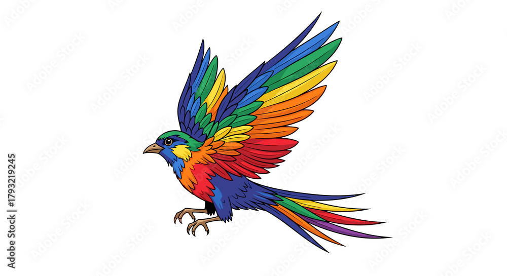 Obraz premium Bird with rainbow feathers symbolizing freedom, energetic mood, dynamic stylized drawing, vibrant and uplifting concept, with copy space
