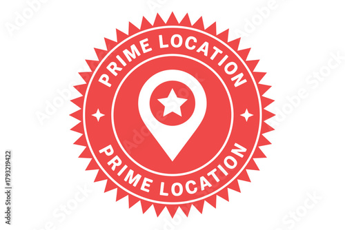 A red and white prime location badge with a star inside a map marker