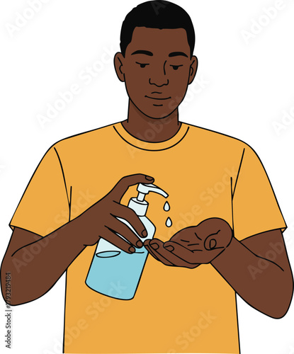 Man in orange shirt applying hand sanitizer from clear bottle for hygiene and safety awareness vector illustration 