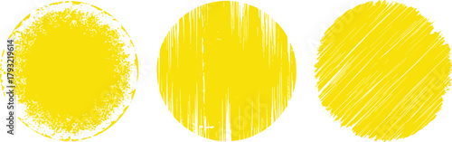 A set of abstract yellow circular designs showcasing varied textures and brushstroke effects, ideal for backgrounds and graphic elements
