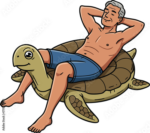 Man Relaxing on Turtle Back Cartoon Style Vector Illustration of Leisure and Rest in Nature 