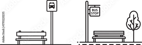 Simple Line Art Bus Stop Illustrations with Benches and Signage