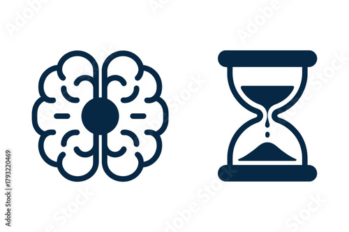 Brain icon and hourglass symbolize the concept of time management and cognitive thinking.