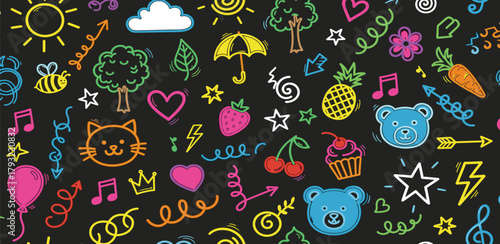 Whimsical Chalkboard Doodle Pattern with Cute Animals, Food, and Nature Elements