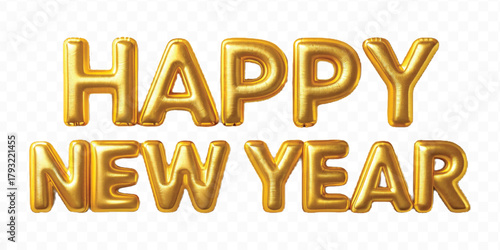 abstract 3d Happy New Year text effect made by different color foil balloons isolated on transparent background