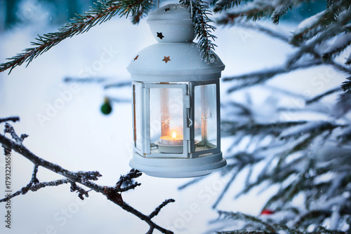 Christmas lantern with candle on branch of snowy winter tree, outdoors