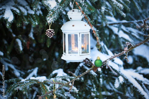 Christmas lantern with candle on branch of snowy winter tree, outdoors