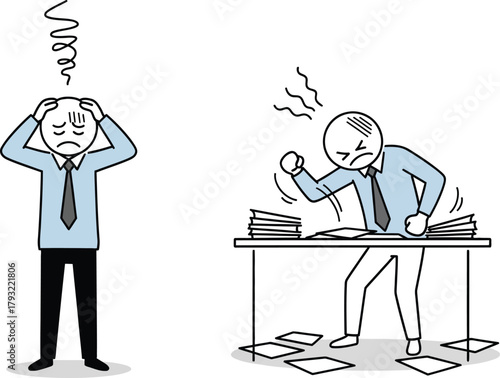 Frustrated businessman overwhelmed by work and stress depicted in a simple line drawing style with two contrasting emotional states