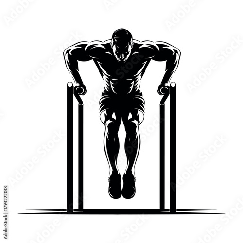 A muscular man performs a dip exercise on parallel bars, showcasing strength and fitness.