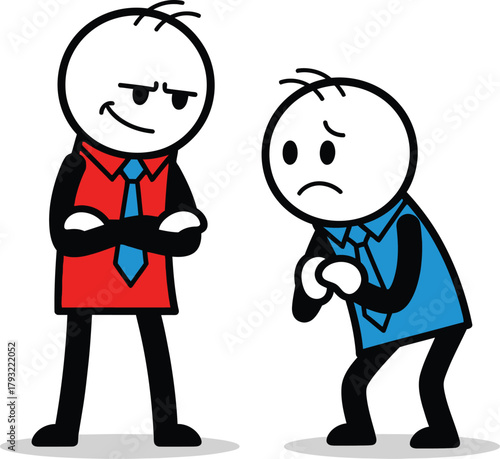 One stick figure character looks sly and manipulative while another looks sad and intimidated by their presence