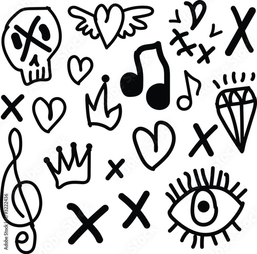 Collection of hand drawn doodle icons including a skull hearts musical notes crowns and an eye