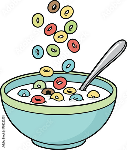 Colorful ring-shaped cereal falling into a bowl of milk, breakfast cartoon vector illustration