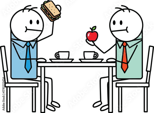 Two cartoon business people sitting at a table with coffee and snacks one holding a donut and the other an apple