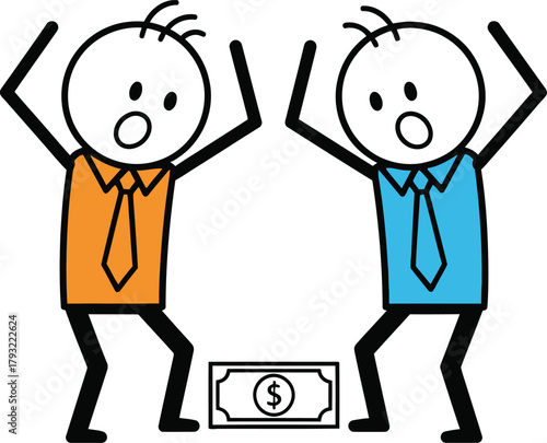Two cartoon stick figures expressing shock and disbelief over a single dollar bill on the ground